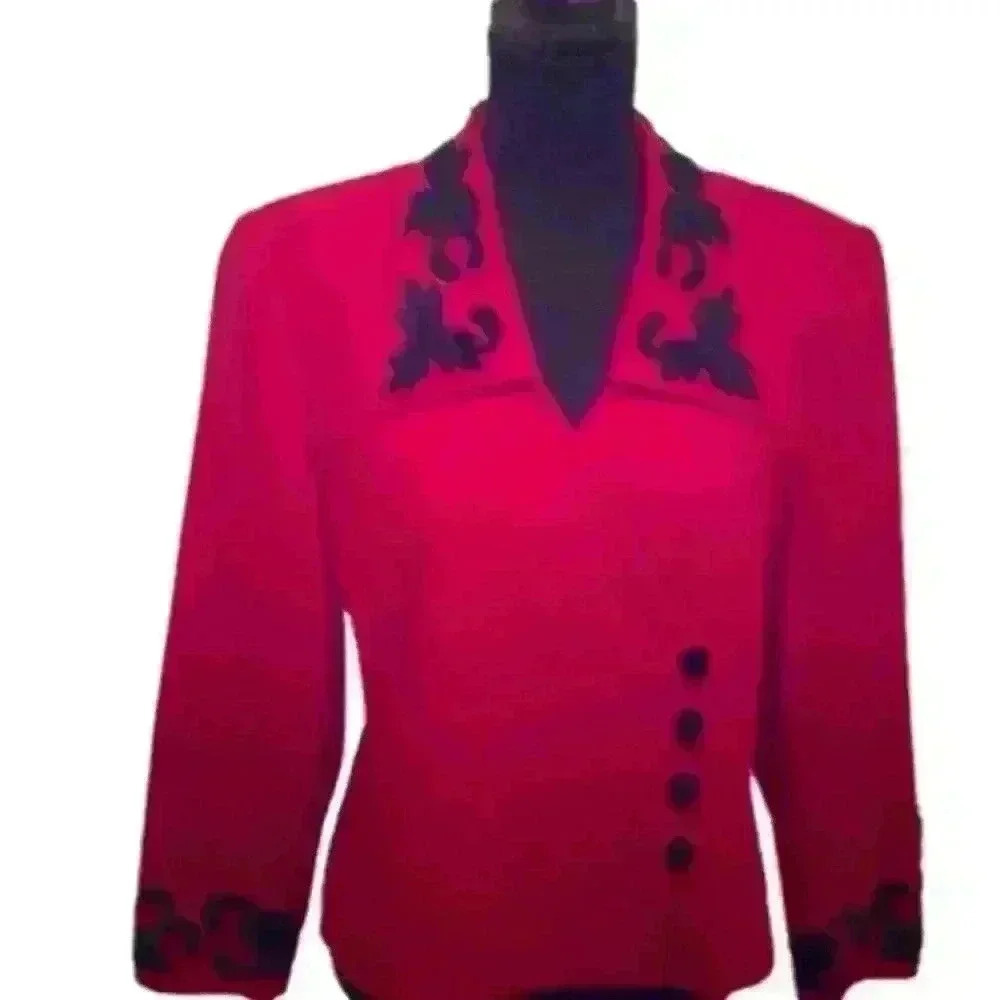 Vintage Kasper A.S.L. Petite Asymmetrical Button Blazer Red Black 12P